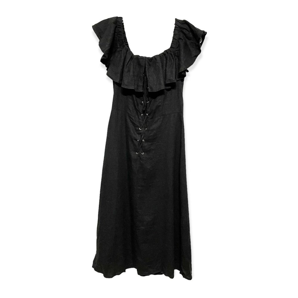 ASOS Size 2 Black On Off Shoulder Lace Up Detail Linen Blend Dress - Picture 5 of 9